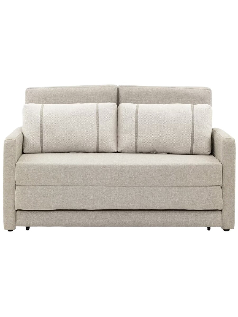 SOFA CAMA 146 MTS - PARRILLA EXTENSIBLE - TELA BEIGE - ALMOHADONES PEQUEÑOS EN TELA CLARA 