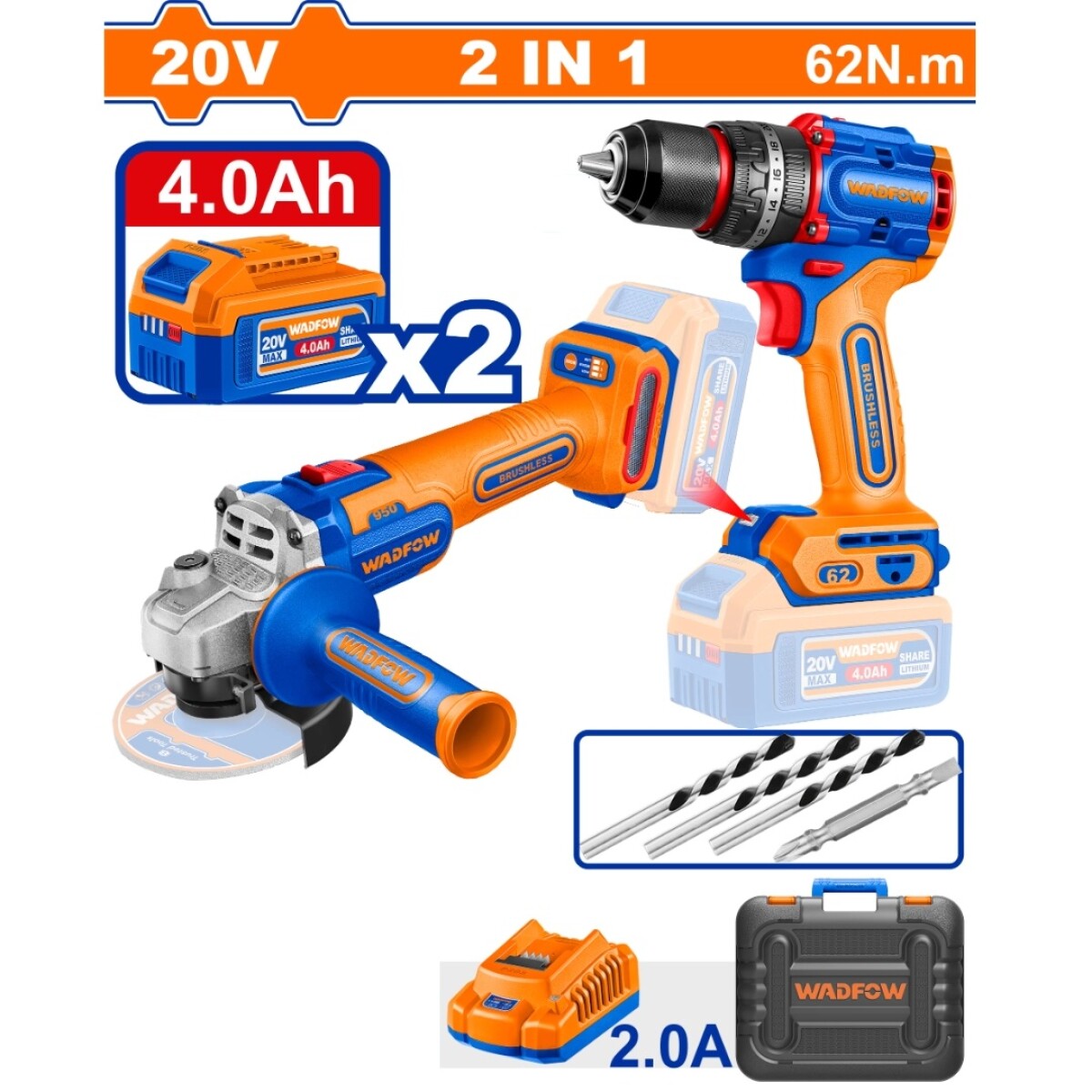KIT COMBO A BATERIA 20V TALADRO ATORN. CON PERCUTOR 62NM + A 