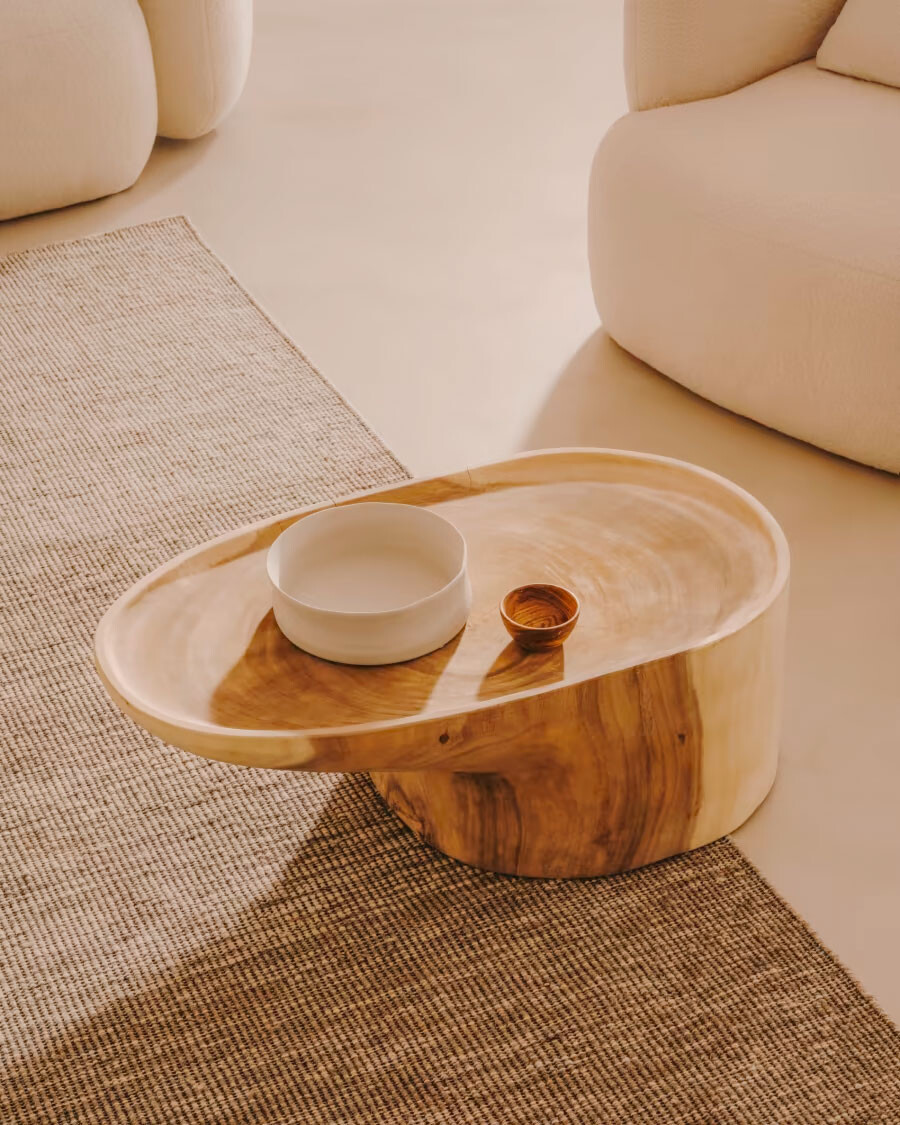 Mesa de centro Mosi con pie de madera maciza de mungur 90 x 50 cm