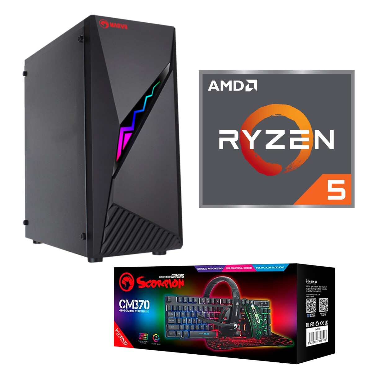 Equipo Gaming Marvo- Amd Ryzen 5 5600G, Disco 256GB 2.5, Ssd m2 128GB, 16GB DDR4, Motherboard Ecs A5 