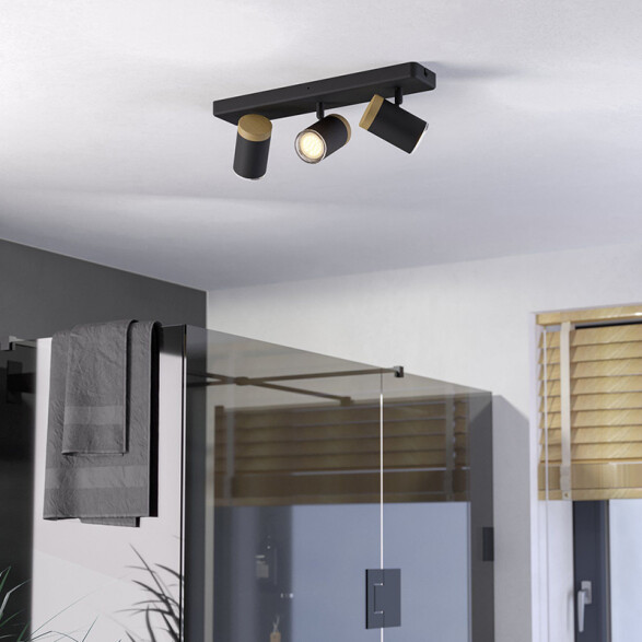 Aplique spot de pared acero negro y madera 3xGU10 EG6412