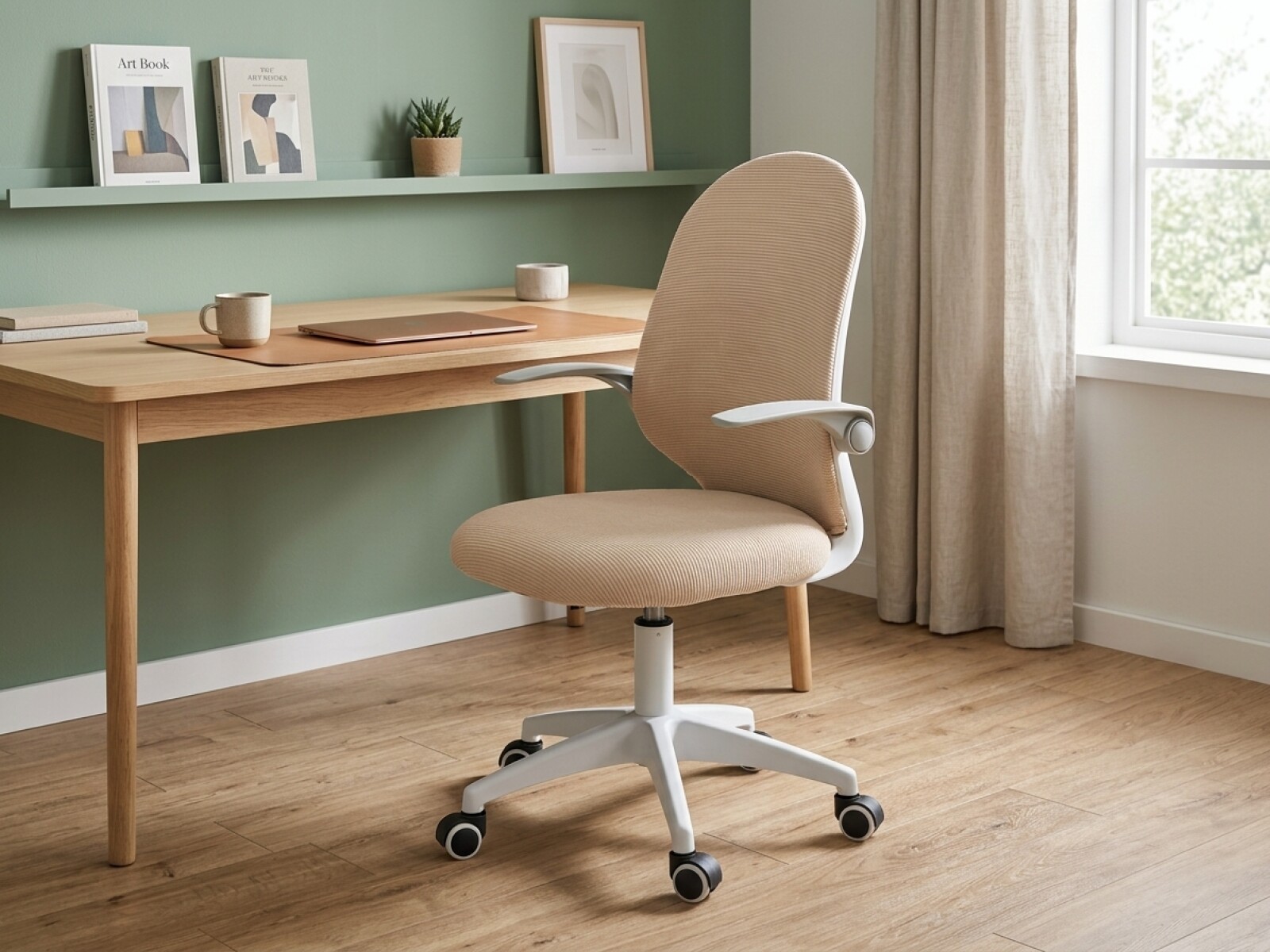 SILLA DE OFICINA ERGONÓMICA GIRATORIA CON RUEDAS ASIENTO REGULABLE - BEIGE 
