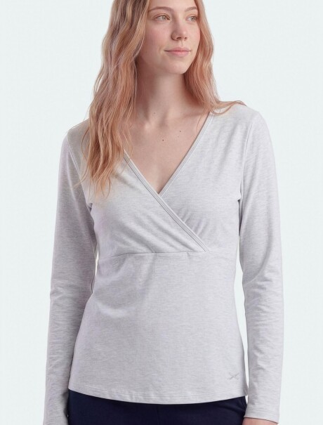 BLUSA CRUZADA DE MANGA LARGA CON CUELLO EN V GRIS