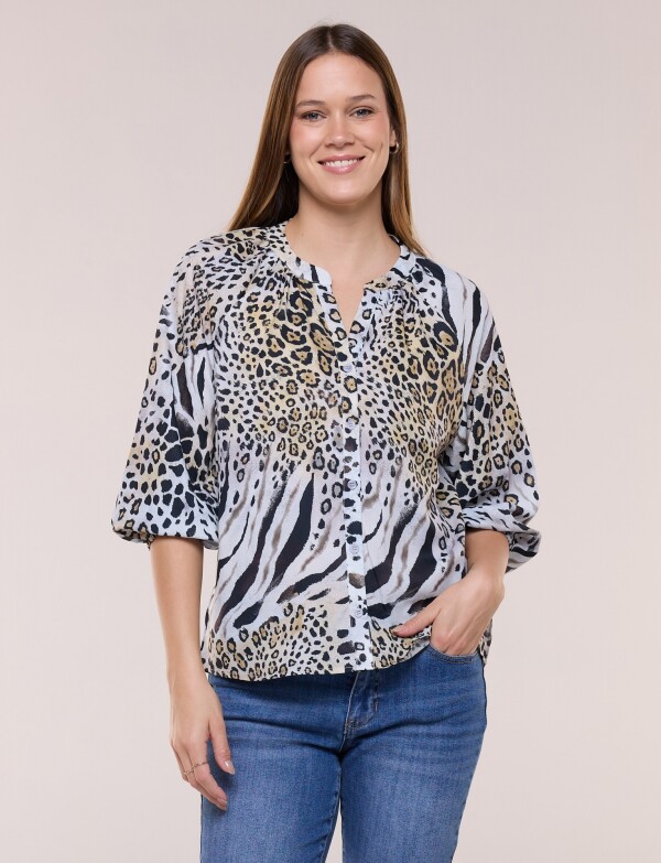 Blusa De Gasa Con Manga Abullonada MULTI/NEGRO