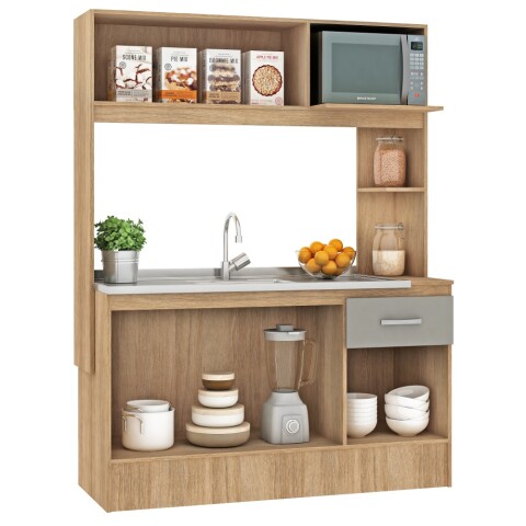 Kit de cocina compacta 4 puertas 1 cajón Patas Ajustables 141 x 50 x 185 cm Carvale / Cinza
