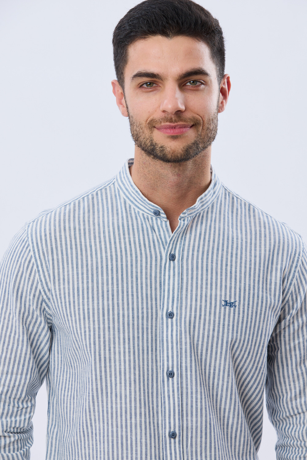CAMISA RAYADA DE LINO CUELLO MAO Denim