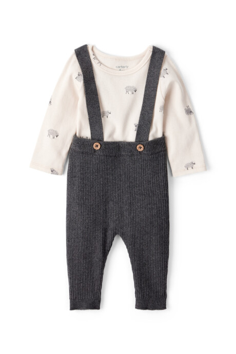 Set dos piezas de algodón, pantalón con tiradores y body, diseño ovejas Sin color