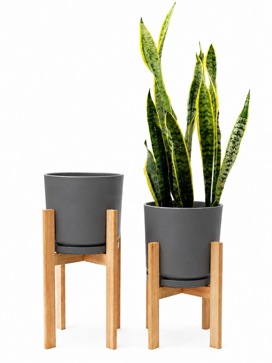 MACETA CERAMICA GRANDE CON SOPORTE ALTO GRIS OSCURO