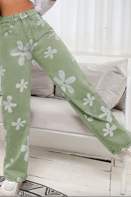 Pantalón MILEY Denim tiro alto estampado flores Verde