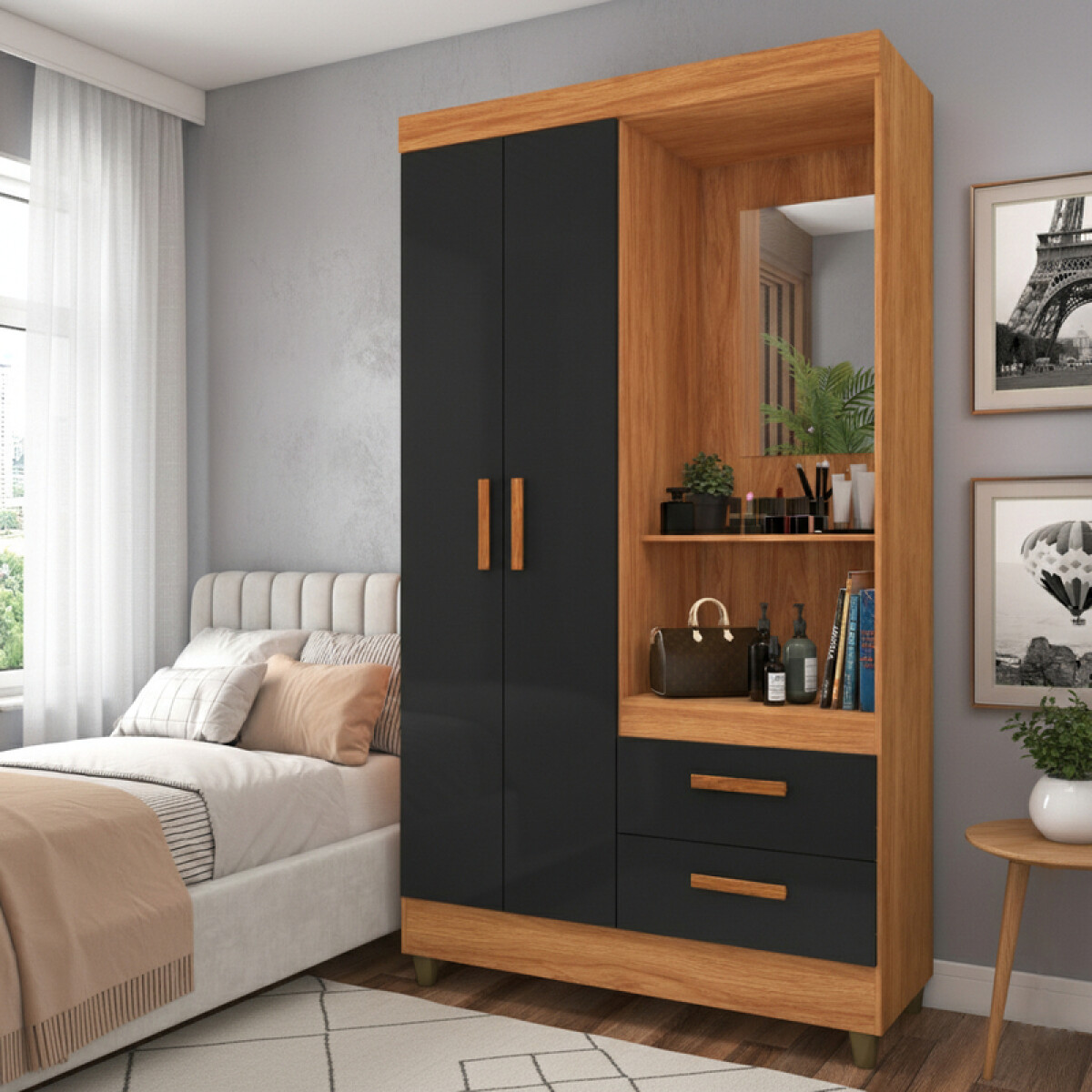 Ropero Cecilia 2 Puertas 2 Cajones con Perchero y Espejo Tocador 101cm MDP - Cinamomo Negro 