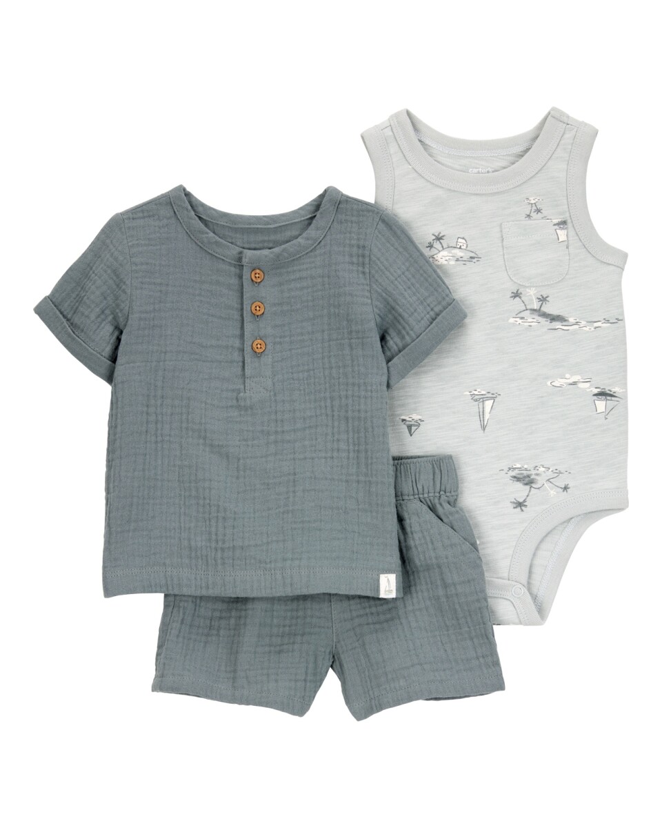Set tres piezas de algodón, short, remera henley y body, gris 