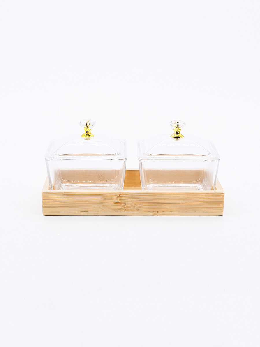 RECIPIENTES DE ACRÍLICO CON BANDEA DE BAMBOO X2 - TRANSPARENTE 