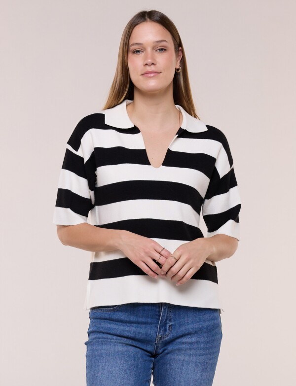 Buzo Tejido Liviano Con Cuello Polo Y Manga Corta NEGRO/CRUDO