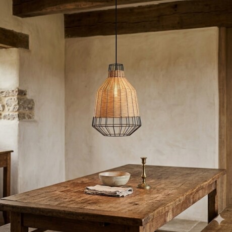 Colgante rattan color natural y reja negra 40cm Colgante rattan color natural y reja negra 40cm