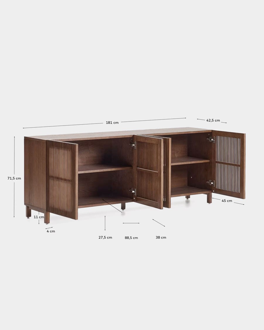 Aparador Beyla 4 puertas de chapa y madera maciza de fresno con acabado tono nogal 180 x 71,5 cm Aparador Beyla 4 puertas de chapa y madera maciza de fresno con acabado tono nogal 180 x 71,5 cm