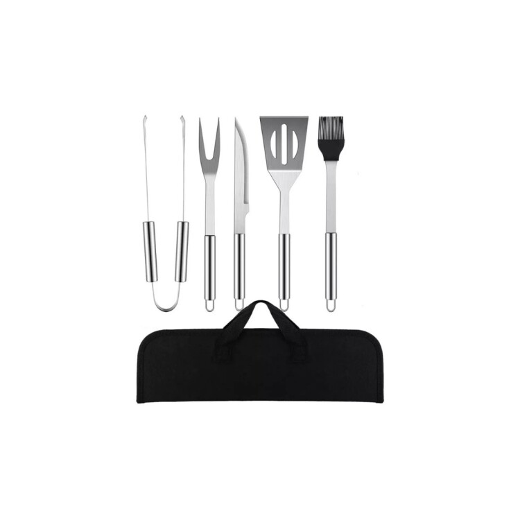 SET UTENSILIOS DE PARRILLA ACERO INOX. X 5 PIEZAS PLATEADO
