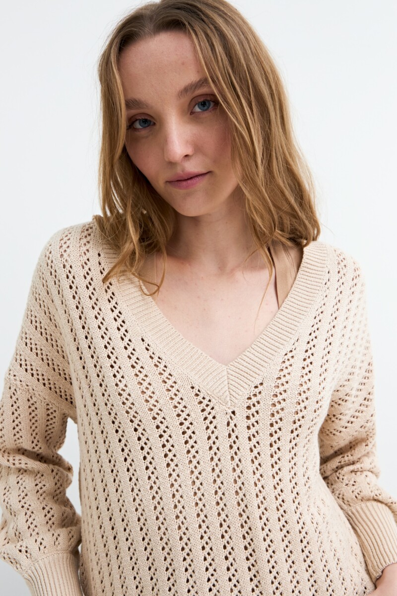 Sweater escote V calado BEIGE