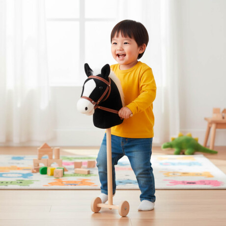 Peluche Cabeza De Caballo Palo Ruedas Niños N1 Negro