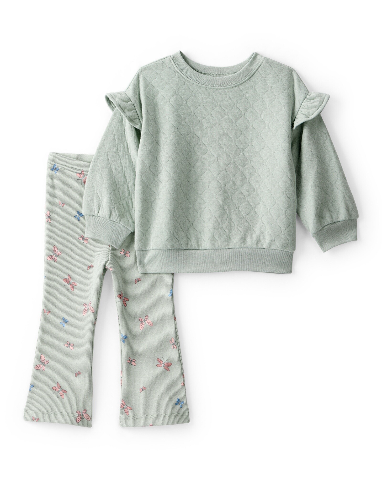 Set dos piezas de algodón, calza acanalada y buzo, verde, diseño mariposas. Talles 6-24M Sin color