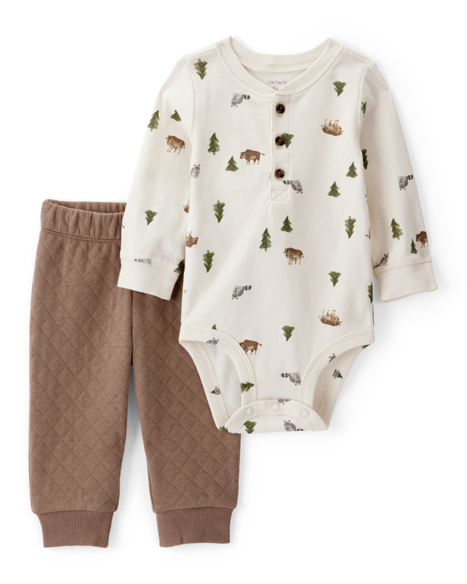 Set dos piezas de algodón, pantalón capitoneado y body, diseño bosque Set dos piezas de algodón, pantalón capitoneado y body, diseño bosque