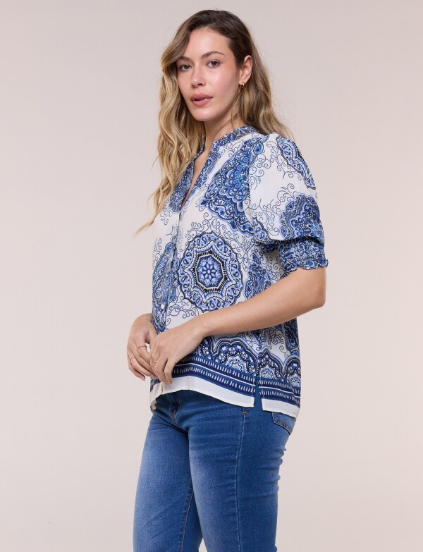 Blusa Crepé Con Mangas Abullonadas BLANCO/AZUL