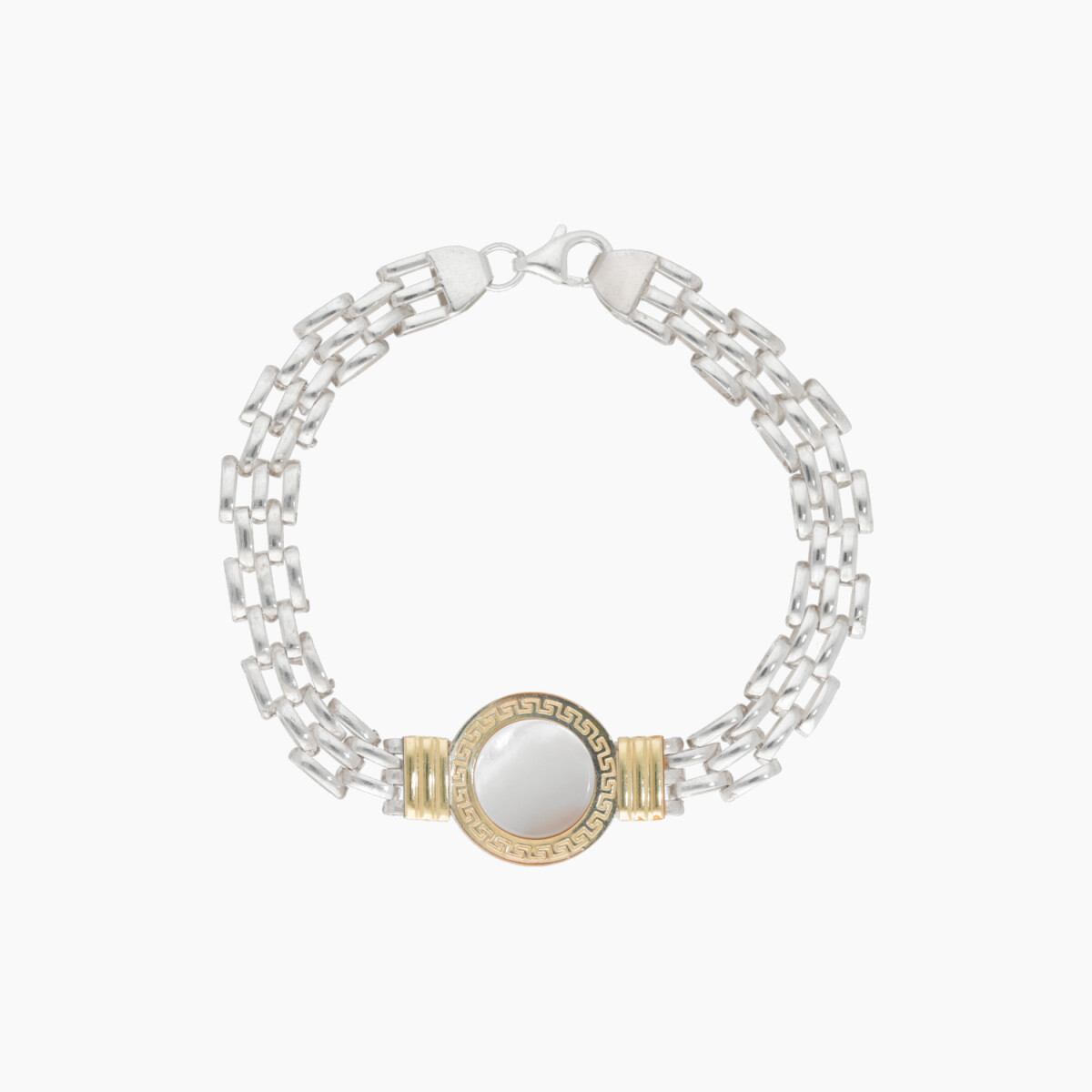 Pulsera En Plata Y Oro Con Nácar Con Diseño De Guarda Griega 