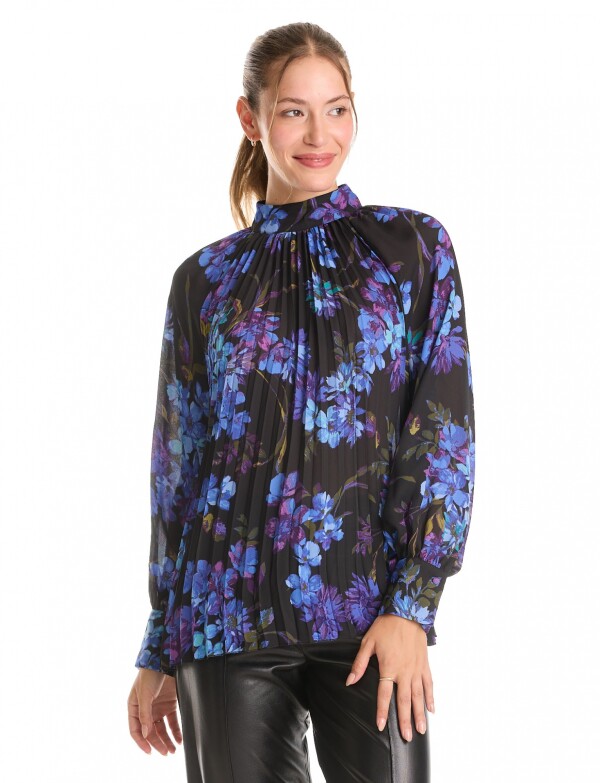 Blusa Mock Neck Plisada NEGRO/MULTI