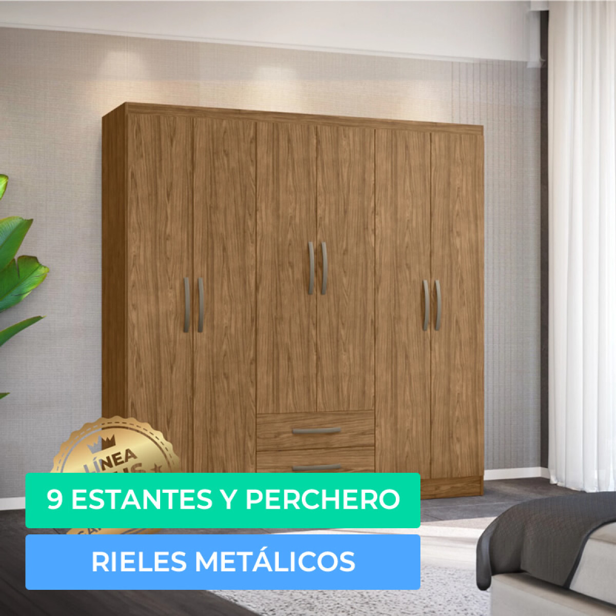 Armario Ropero Placard de 6 Puertas Línea Plus con 2 Cajones y Perchero Horizontal - MDP - Freijo 