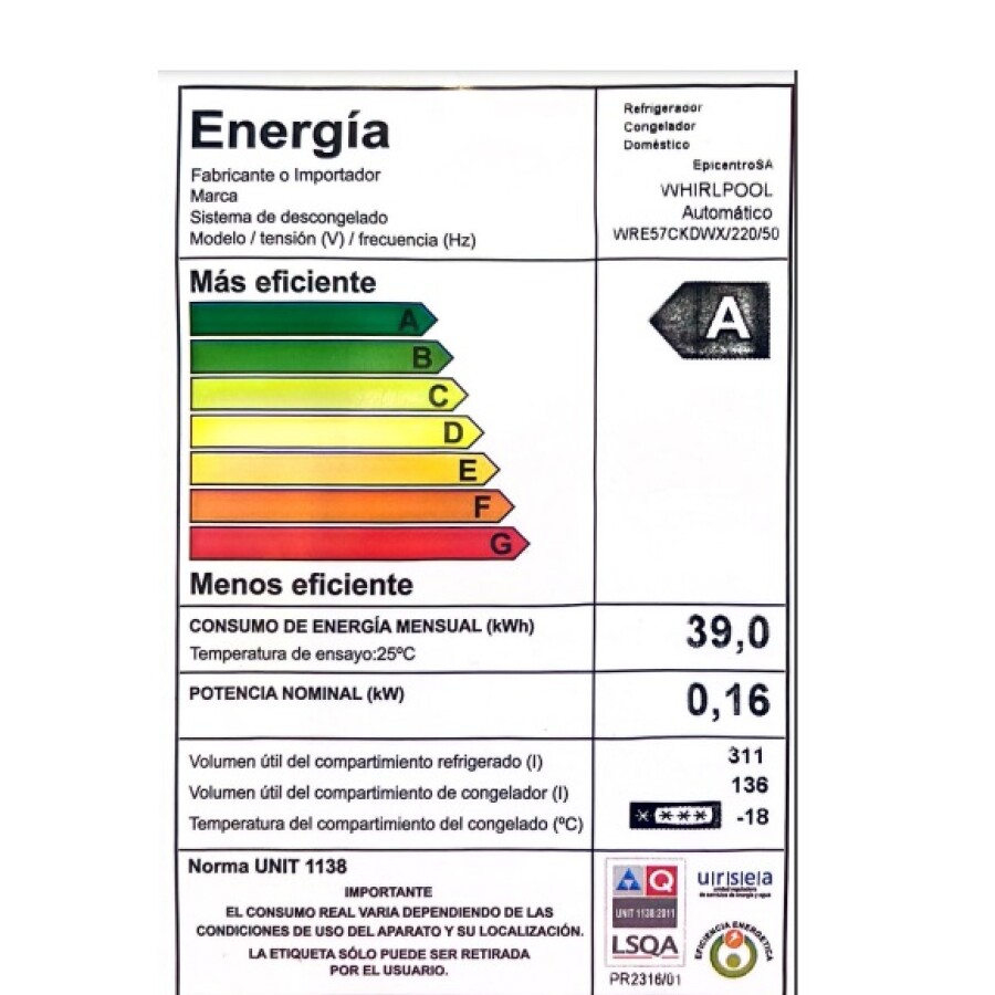 Heladera 447 Lt Inverter Whirlpool WRE57CKDWX Heladera 447 Lt Inverter Whirlpool WRE57CKDWX