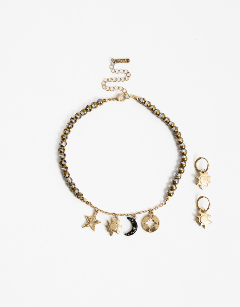 Bijouterie Set Metal Set De Argollas Y Collar Con Dijes Sol - Dorado Oro Amarillo