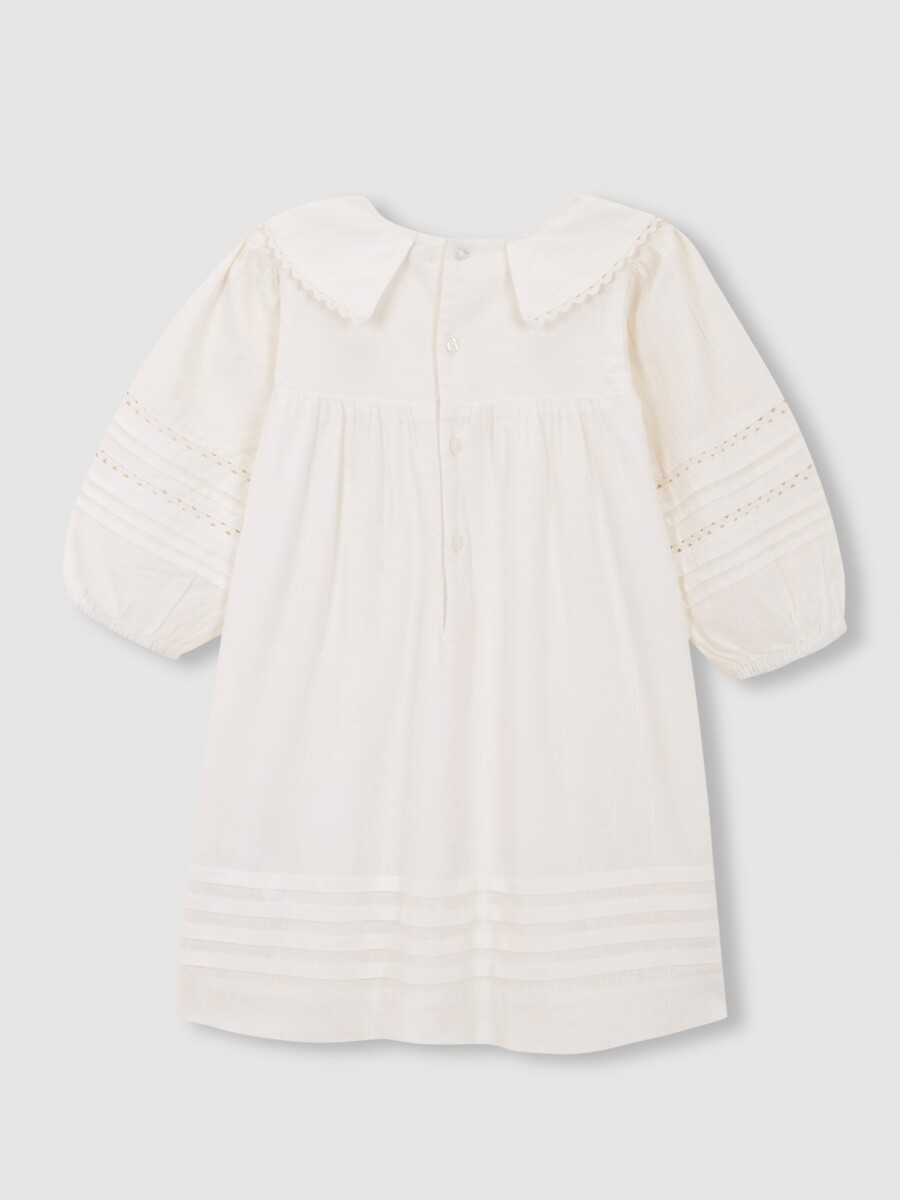 Vestido Manga Abullonada Con Tablas Y Ri Blanco Roto