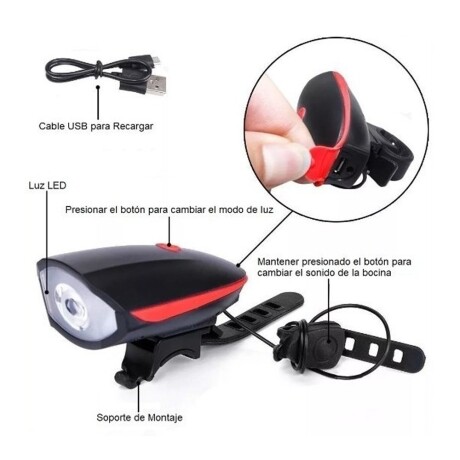 Luz y Bocina Recargable Para Bicicletas Rojo