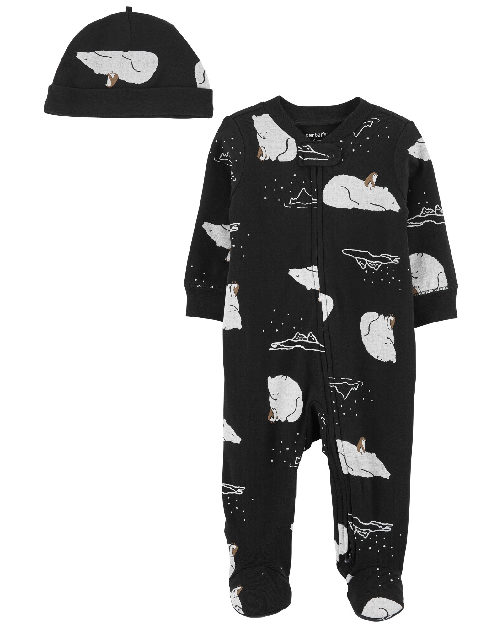 Pijama una pieza con pie y doble cierre de algodón más gorro diseño oso polar Sin color