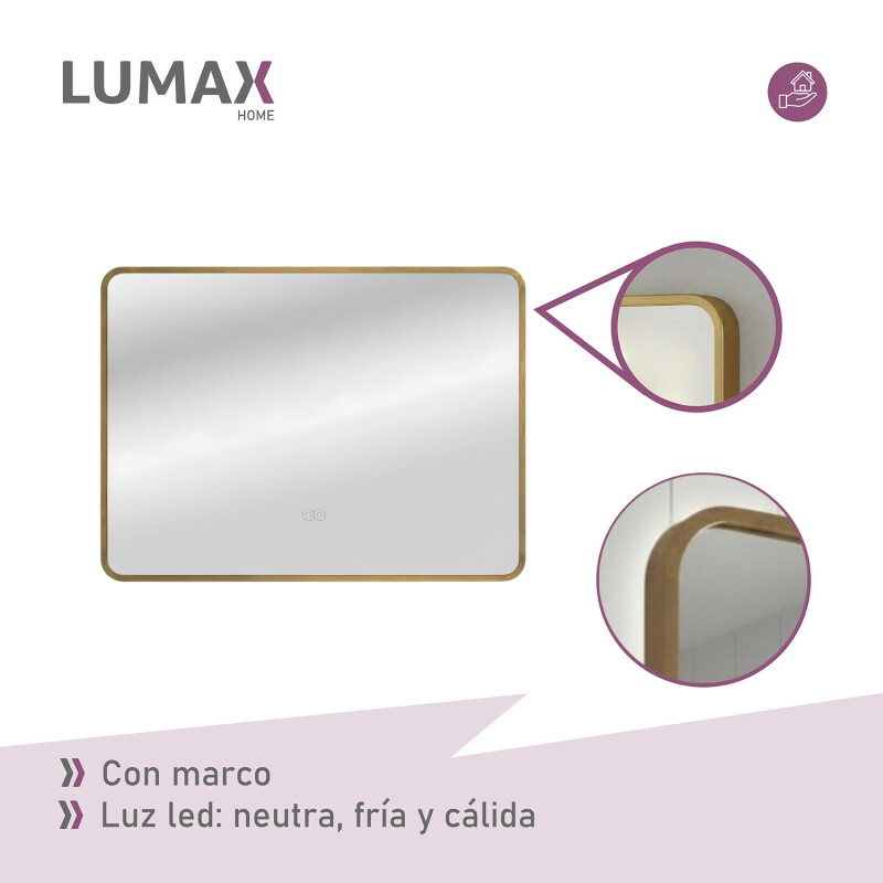 Espejo Horizontal Lumax Suleban c/marco y luz 90x70cm Dorado