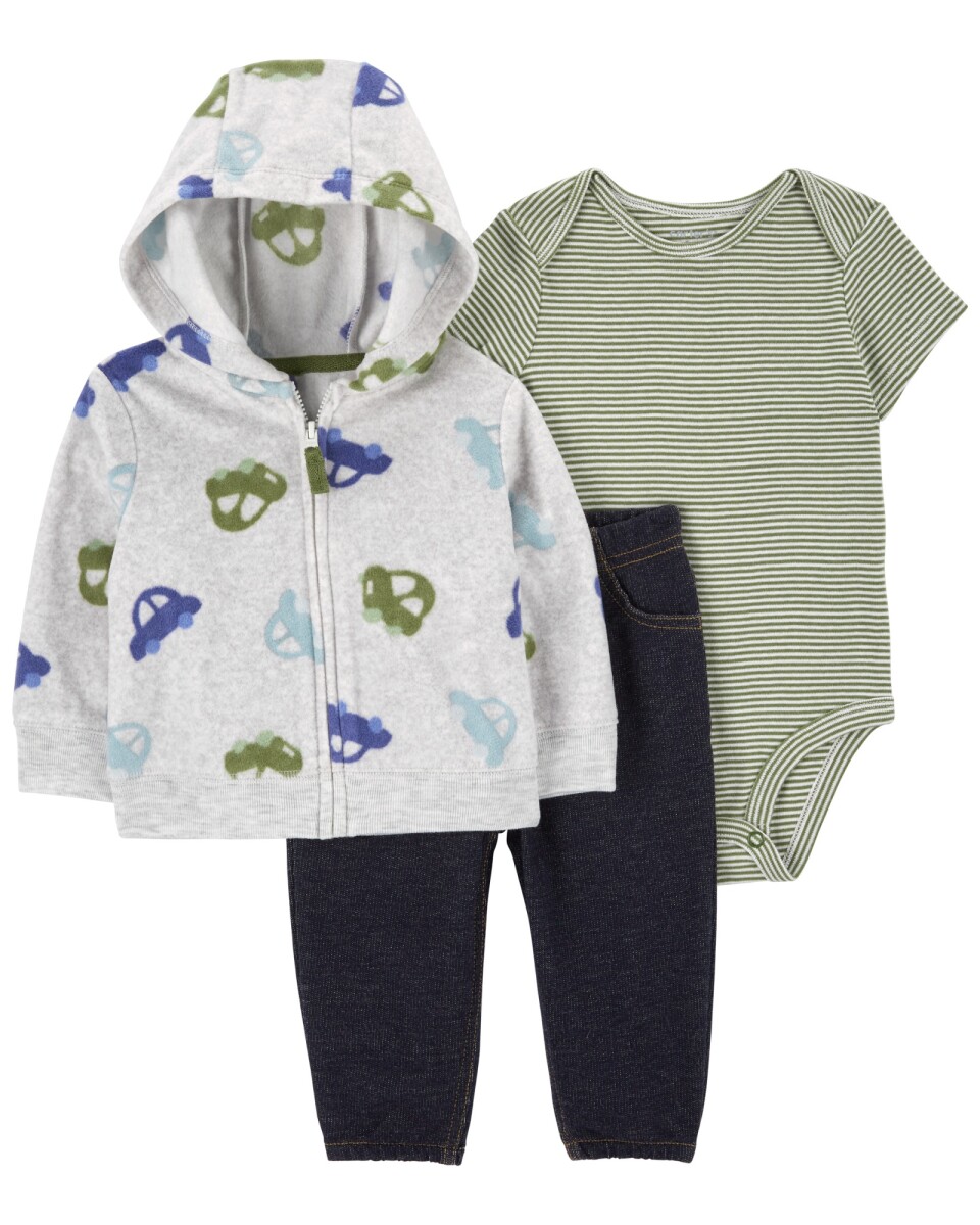 Set tres piezas, campera de micropolar, pantalón jean y body de algodón 