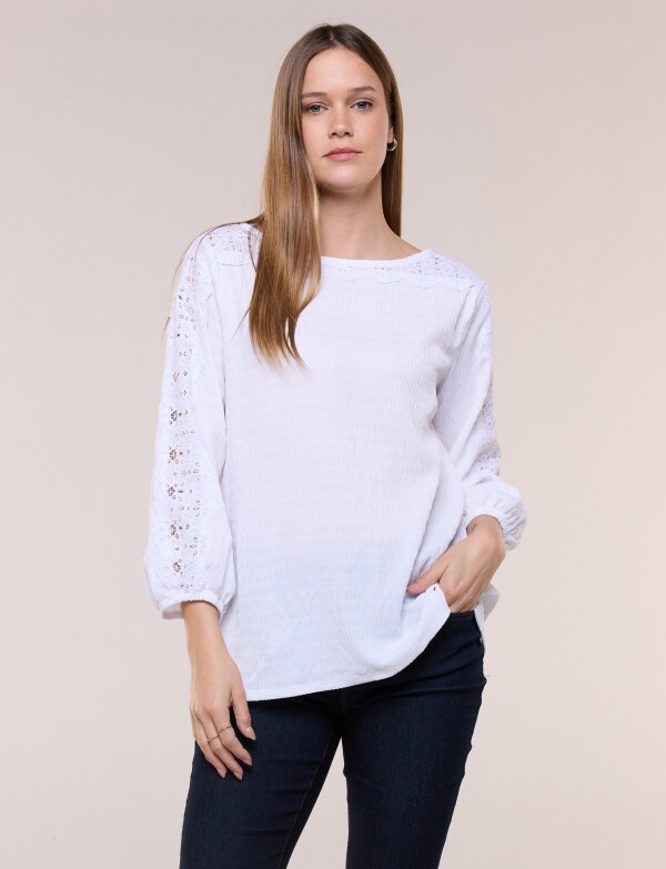 Blusa Crepe Broderie Calado BLANCO
