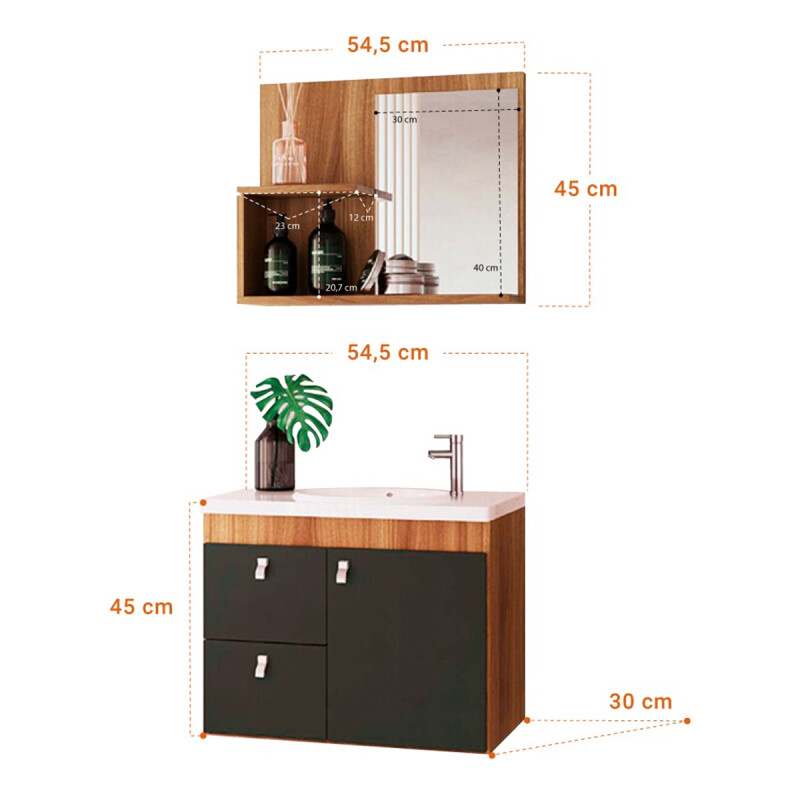 Mueble Baño Luna + Bacha + Espejo Premium 15mm Marron Gris Mueble Baño Luna + Bacha + Espejo Premium 15mm Marron Gris