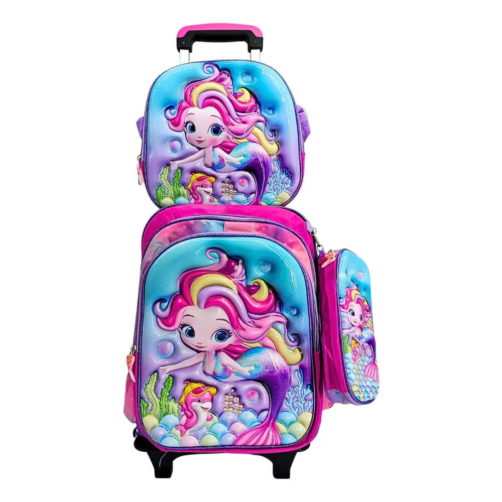 Mochila con carrito, lonchera y cartuchera. Sirena