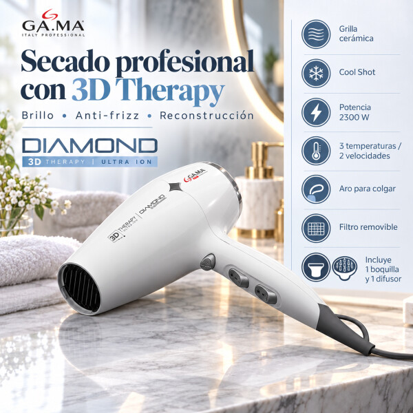Secador De Pelo Ga.ma Italy Diamond Ceramic 3d Therapy 2300 W SECADOR GAMA DIAMOND CERAMIC ION 3D GRIS