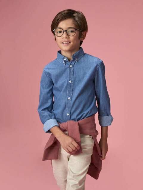 Camisa Vaquera Cuello Normal Con Tapeta Azul Claro