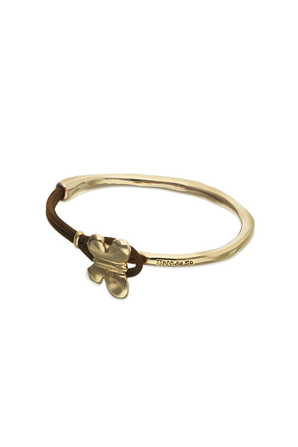PULSERA DE CUERO MARRÓN SEMIRÍGIDA BAÑADA EN ORO 18K CON MARIPOSA Pulsera