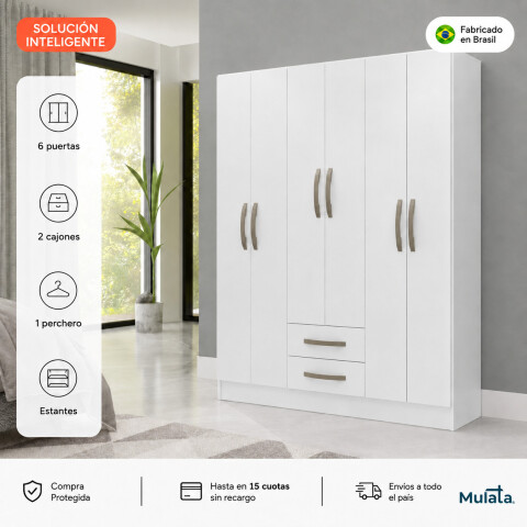 Ropero Armario 6 puertas 2 cajones con estantes y perchero interior natural 172X136X35 - Blanco Ropero Armario 6 puertas 2 cajones con estantes y perchero interior natural 172X136X35 - Blanco