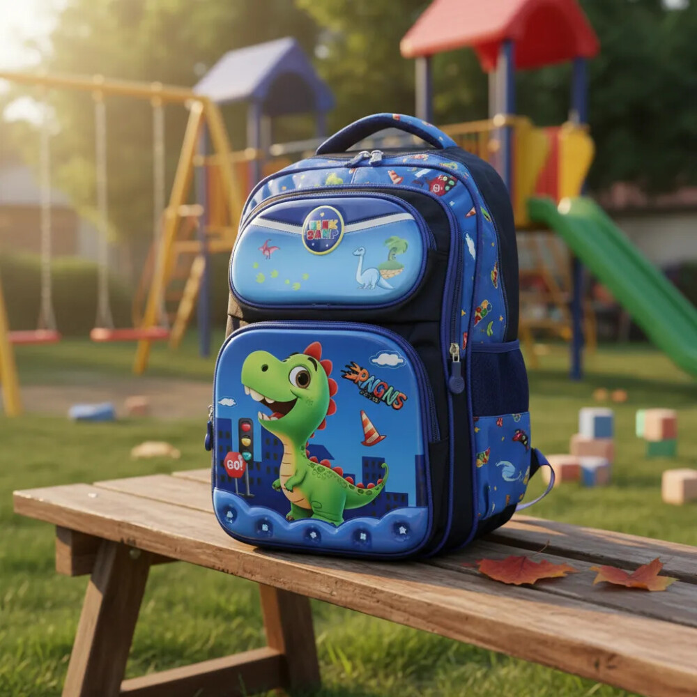Mochila con 4 bolsillos de Dinosaurio con cartuchera de obsequio Mochila con 4 bolsillos de Dinosaurio con cartuchera de obsequio