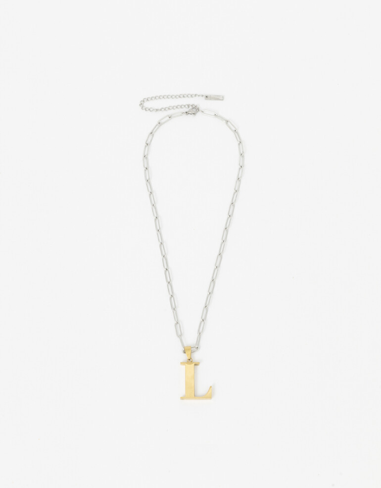 Cadena Corta con Dije Letras Cadena De Acero Inicial Letra "l" - Combinacion Bicolor