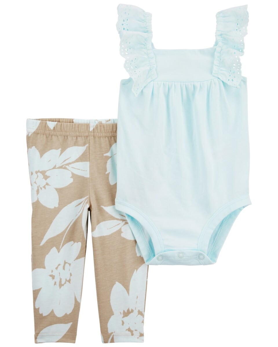 Set dos piezas de algodón, pantalón y body con ojales, diseño floral 
