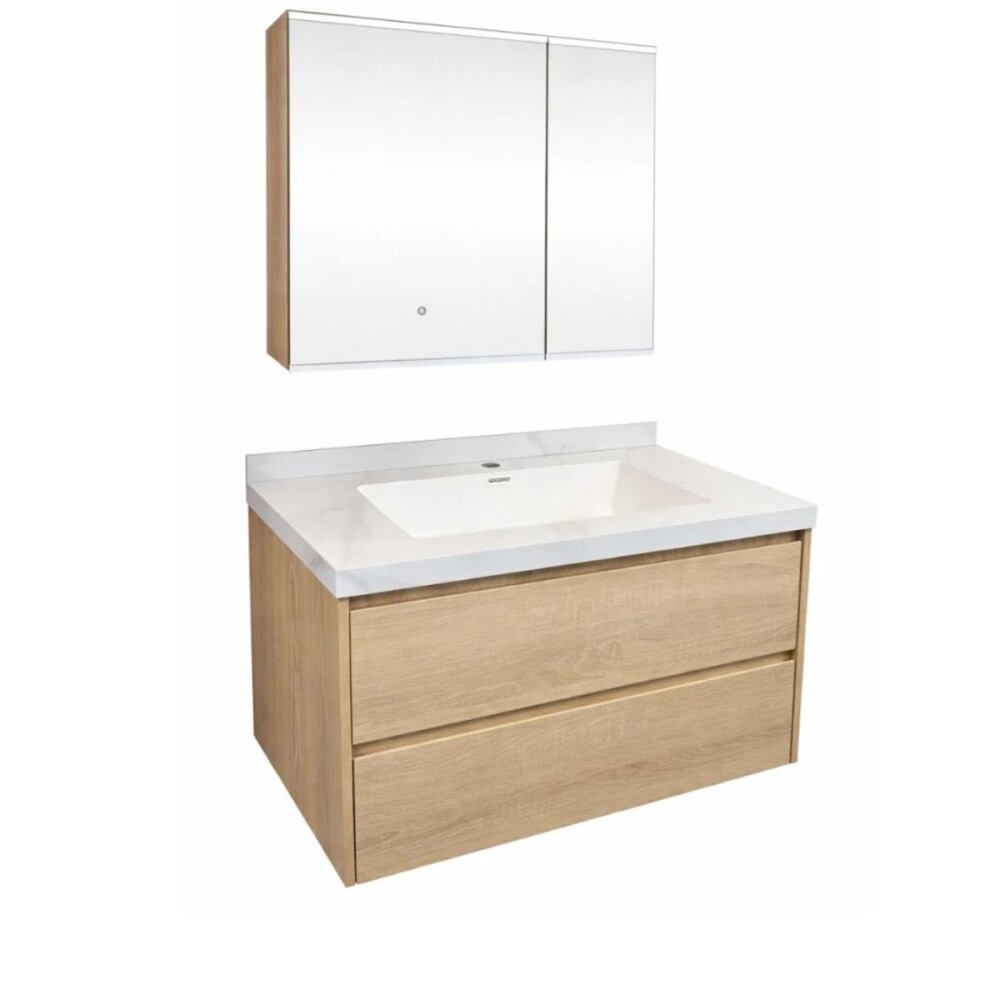 Mueble de baño suspendido Vip 80cm Oak mesa calacata con espejo botiquín 75 cm Vip Oak Mueble De Baño Suspendido Vip 80cm Oak Mesa Calacata Con Espejo Botiquín 75 Cm Vip Oak