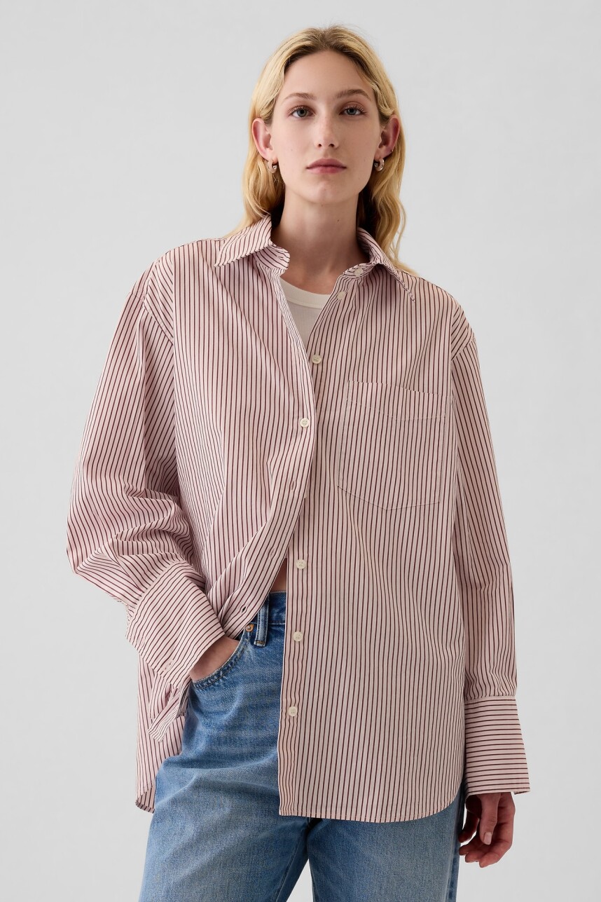 Camisa Big Shirt A Rayas Mujer Red Pink Stripe