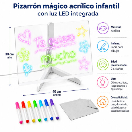 Pizarra Mágica Acrílica P/Dibujar C/Soporte Y Luz Led Usb Blanco