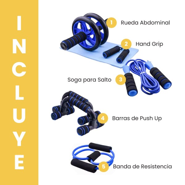 Set Azul Ejercicio Rueda Abdominal + Banda de Resistencia + Soga para Saltar + Barras de Push up + Hand Grip de Regalo Set Azul Ejercicio Rueda Abdominal + Banda de Resistencia + Soga para Saltar + Barras de Push up + Hand Grip de Regalo