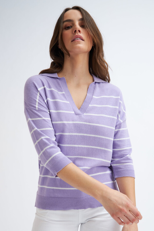 Sweater tejido cuello polo Violeta con blanco